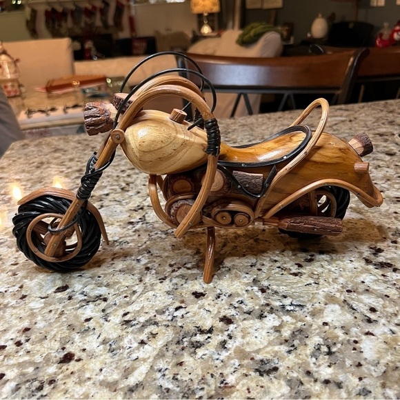 Wood Motorcycle Figurine Handmade Wooden Chopper Style Model Harley 12”x3” - Picture 8 of 9